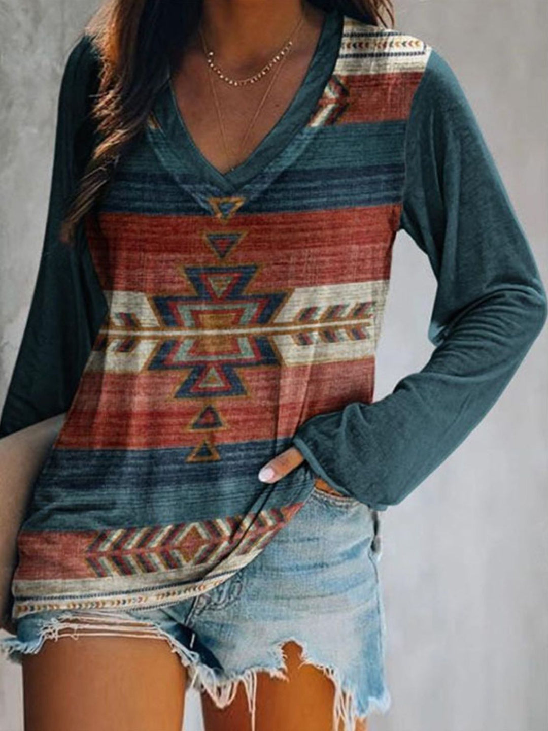 Navy Aztec geometric print v-neck long sleeve top