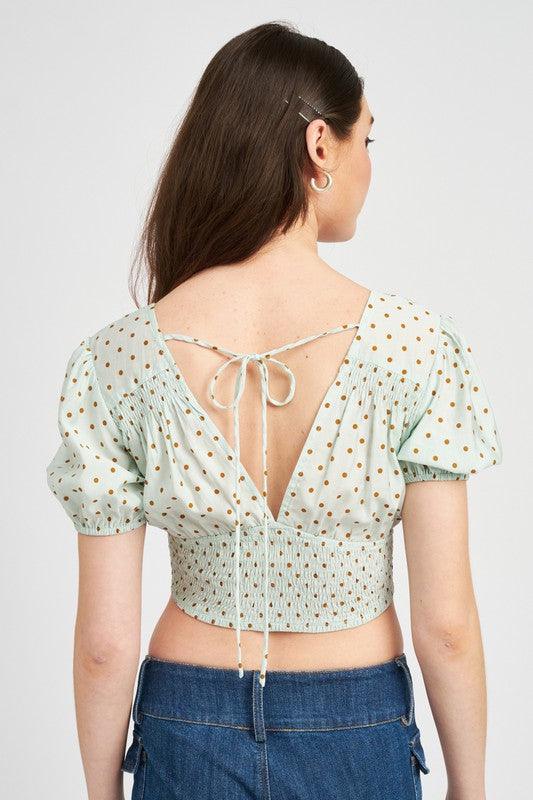 V NECK FLORAL CROP TOP WITH SMOCKING - Azoroh
