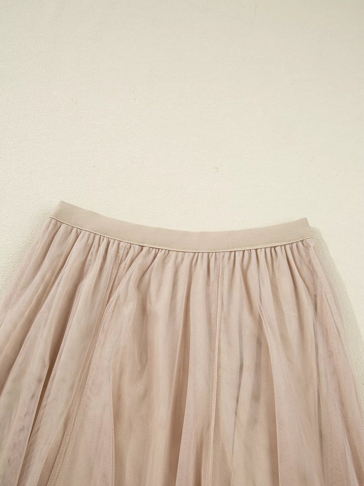 Tulle mesh overlay flared midi skirt with lace underlayer