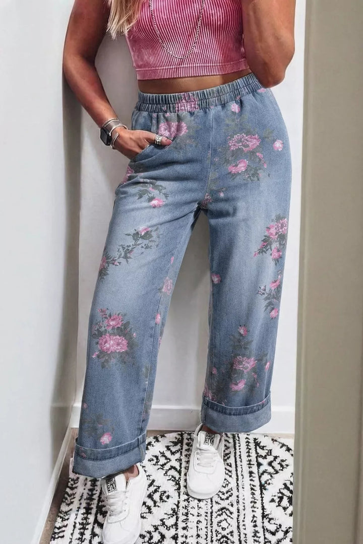Floral print wide-leg elastic waist pull-on jeans
