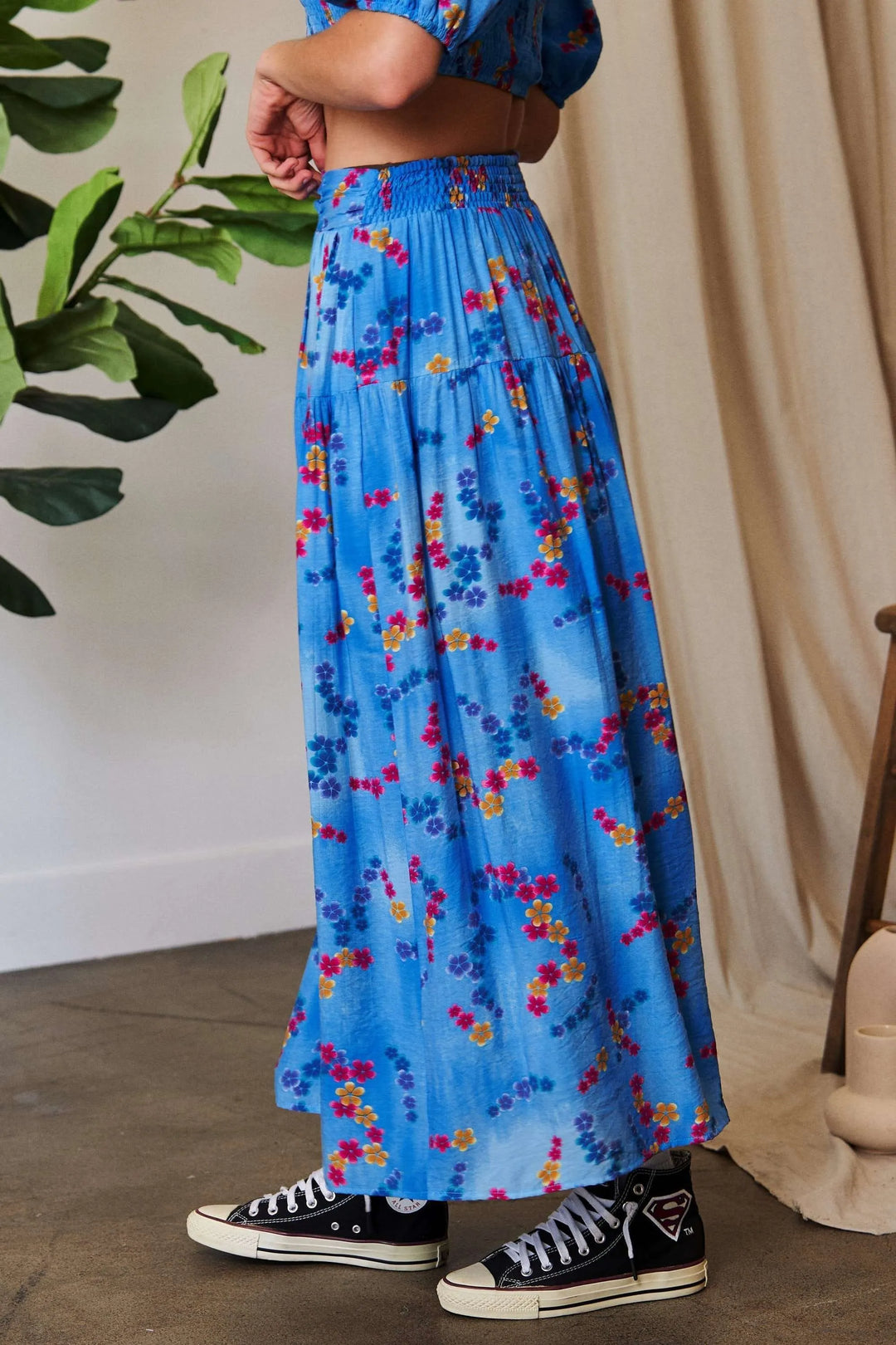 Tiered floral maxi skirt with smocked waistband