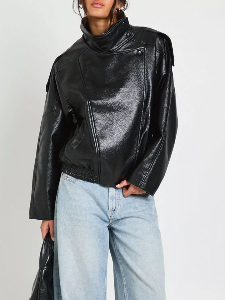 Oversized faux leather moto jacket with asymmetrical zip