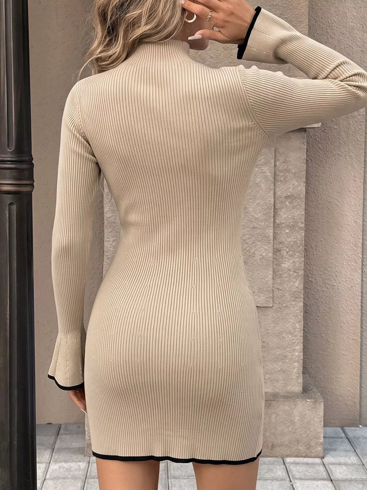 Ribbed knit mock neck flare sleeve mini sweater dress