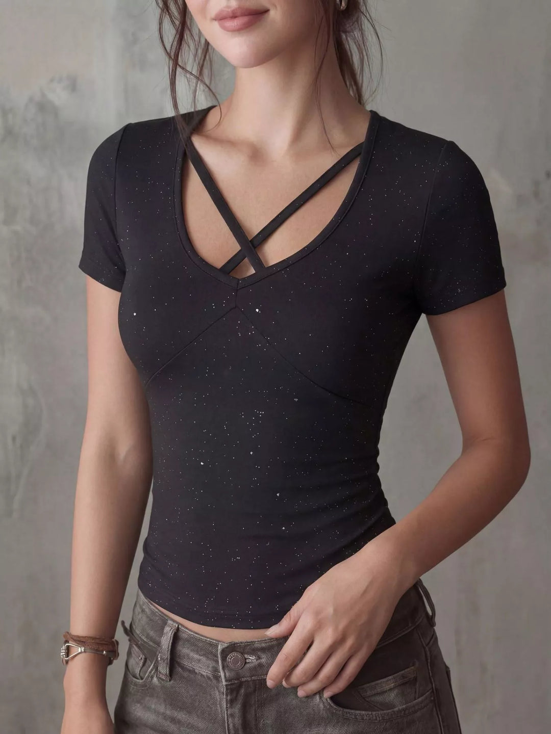 Short sleeve crop tee with crossover V-neck and glitter speckle
