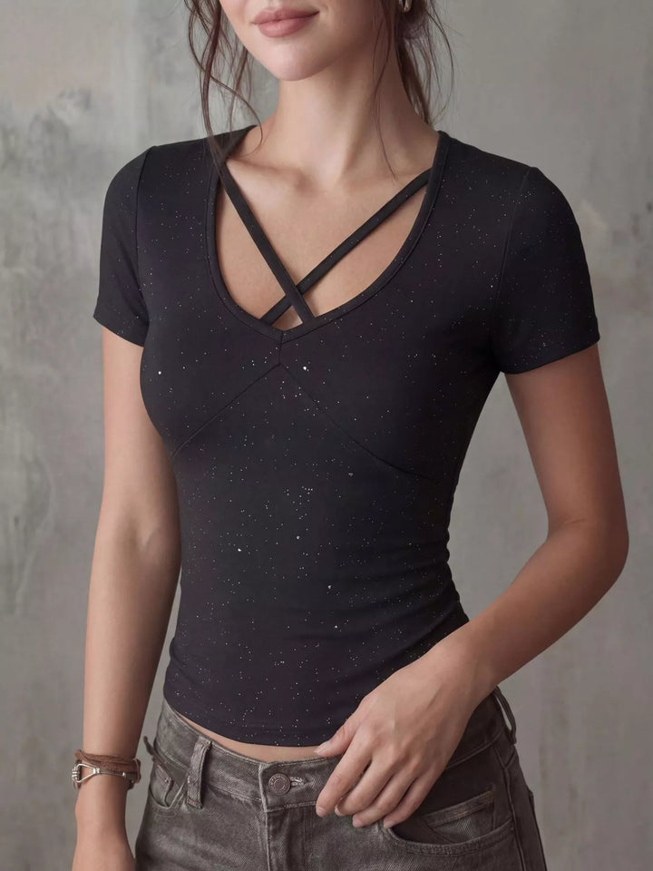 Short sleeve crop tee with crossover V-neck and glitter speckle