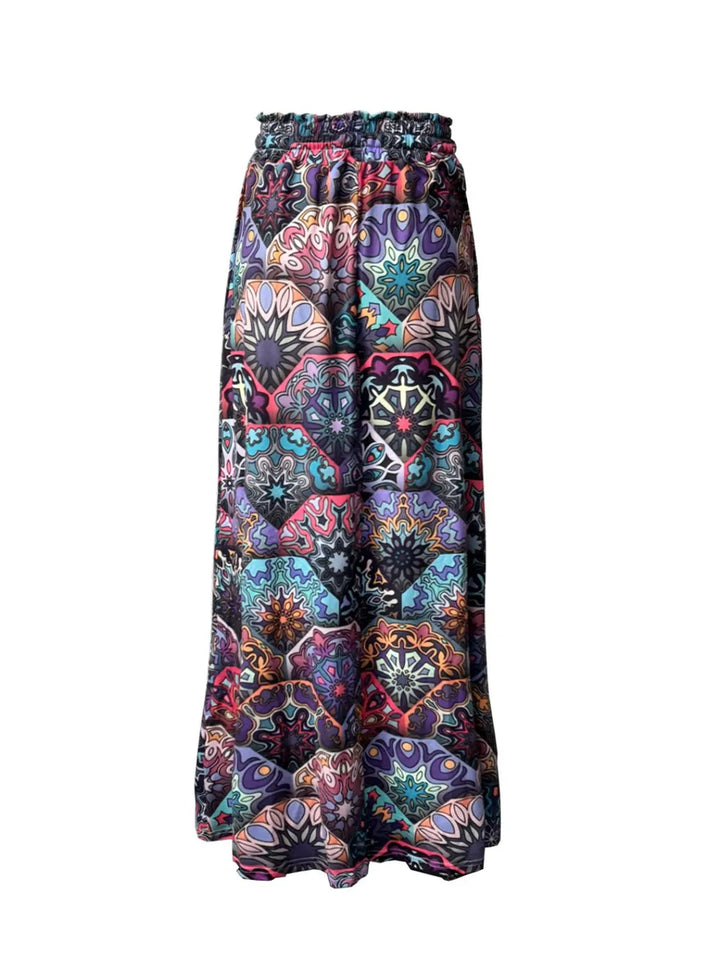 Feather print maxi skirt with drawstring waist and pockets