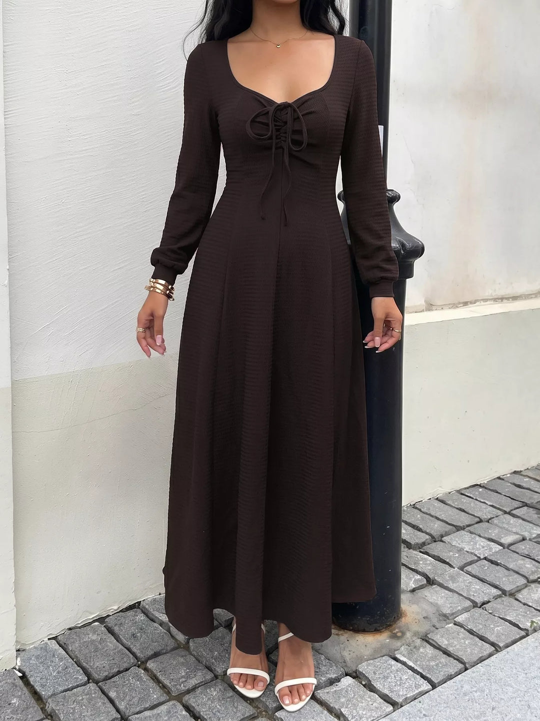 Ribbed knit tie-front long sleeve maxi dress