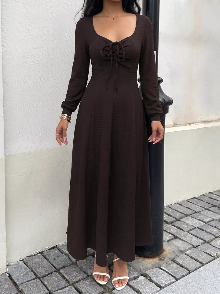 Ribbed knit tie-front long sleeve maxi dress