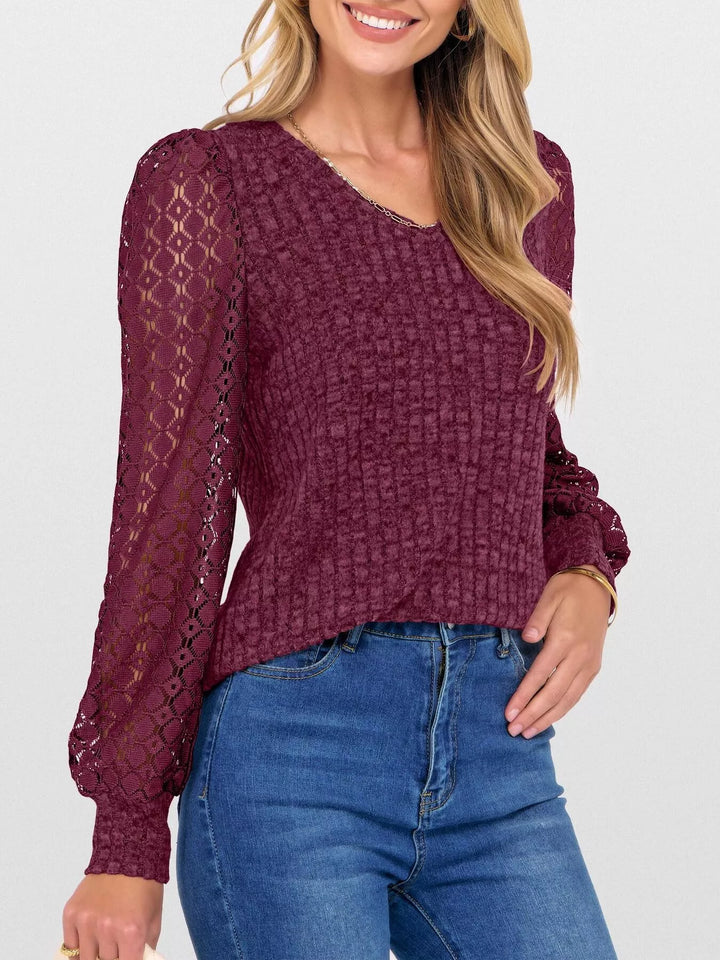 Sheer lace sleeve ribbed knit V-neck top
