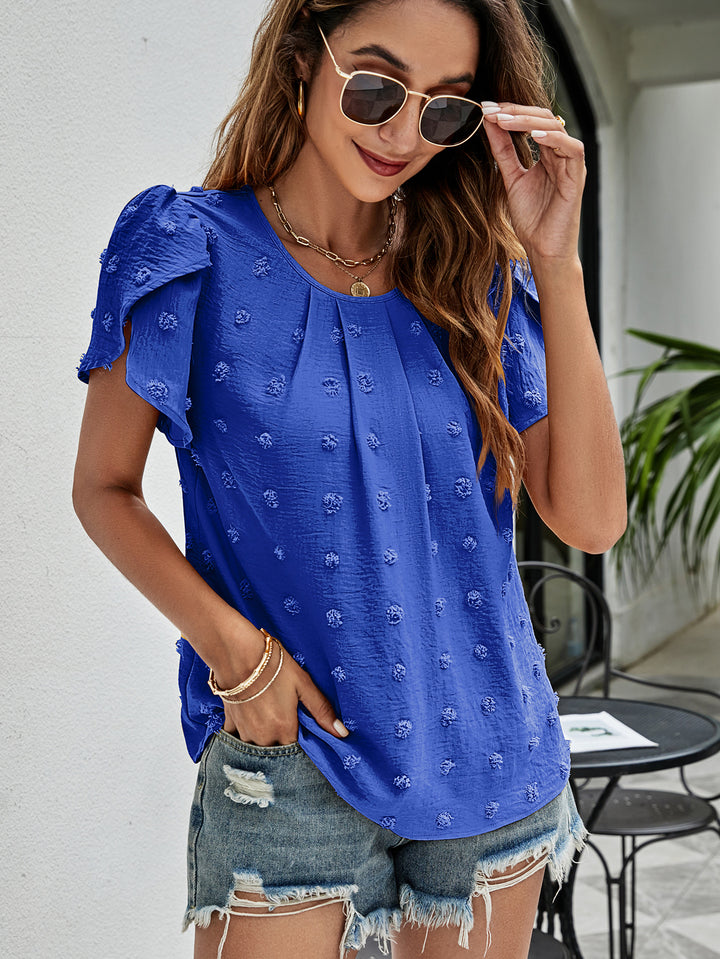 Swiss dot petal sleeve top with pleated round neck