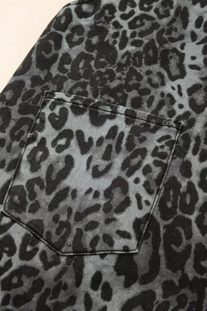 Leopard print cropped wide-leg denim overalls with raw hem