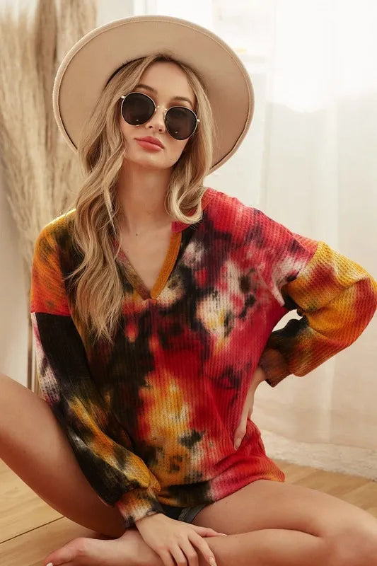 Tie-dye brushed waffle knit top with bubble sleeves