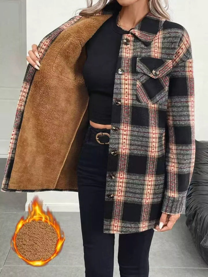 Plaid button-up shacket with flap chest pockets