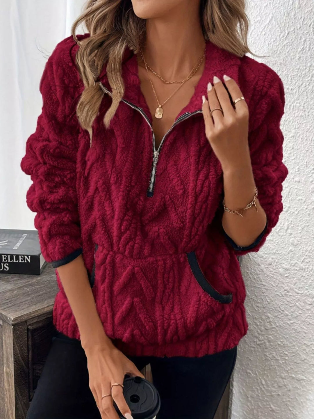 Burgundy Textured sherpa half-zip pullover with contrast trim
