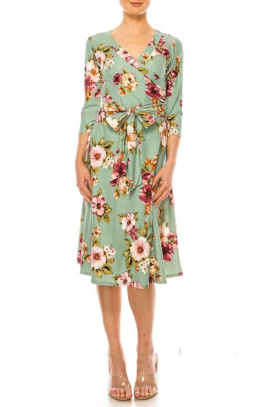 Floral print, faux wrap dress with deep V-neck - Azoroh