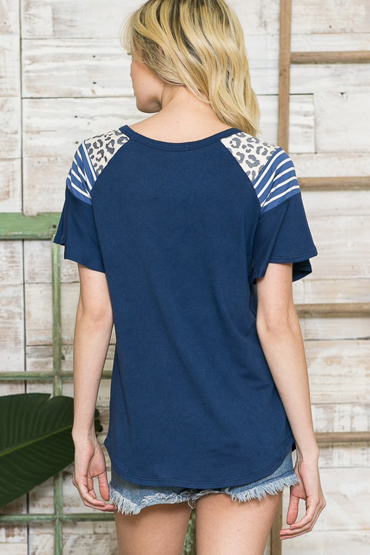 Florencia Ruffle Sleeve Contrast Pattern Knit Top