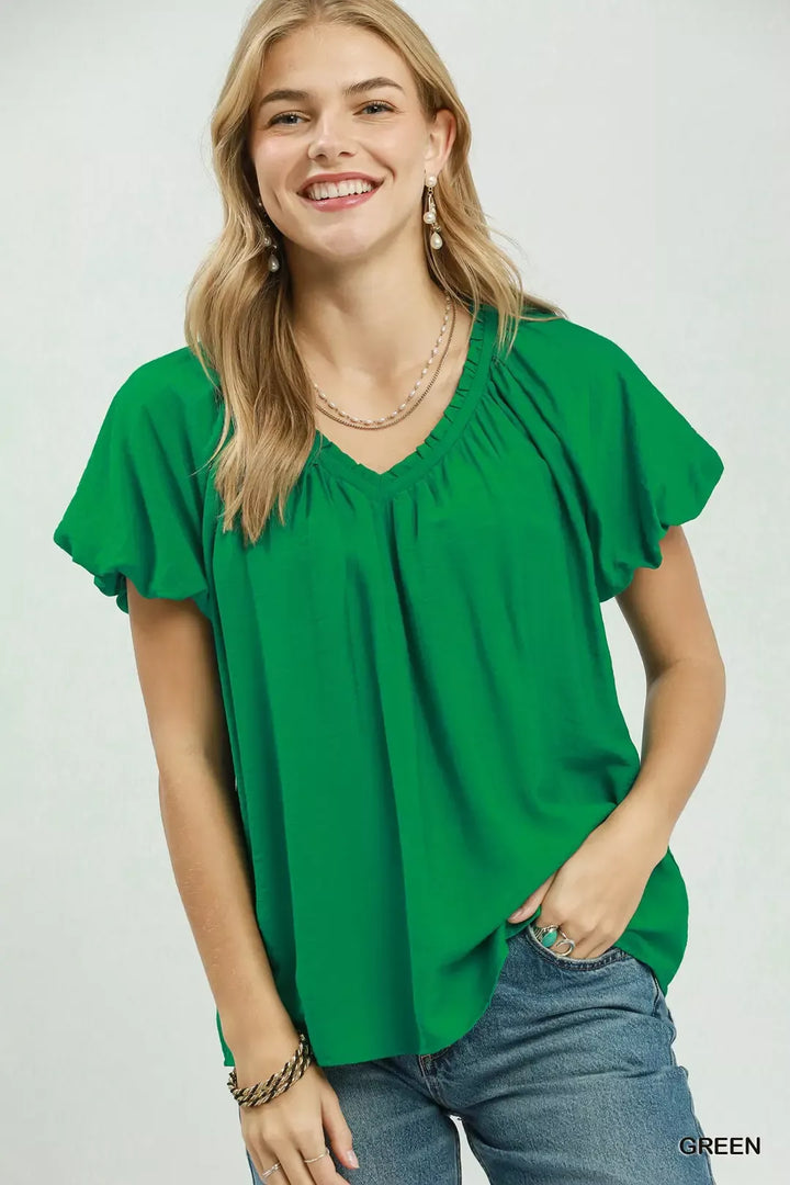 GREEN Gathered v-neck top with flutter sleeves