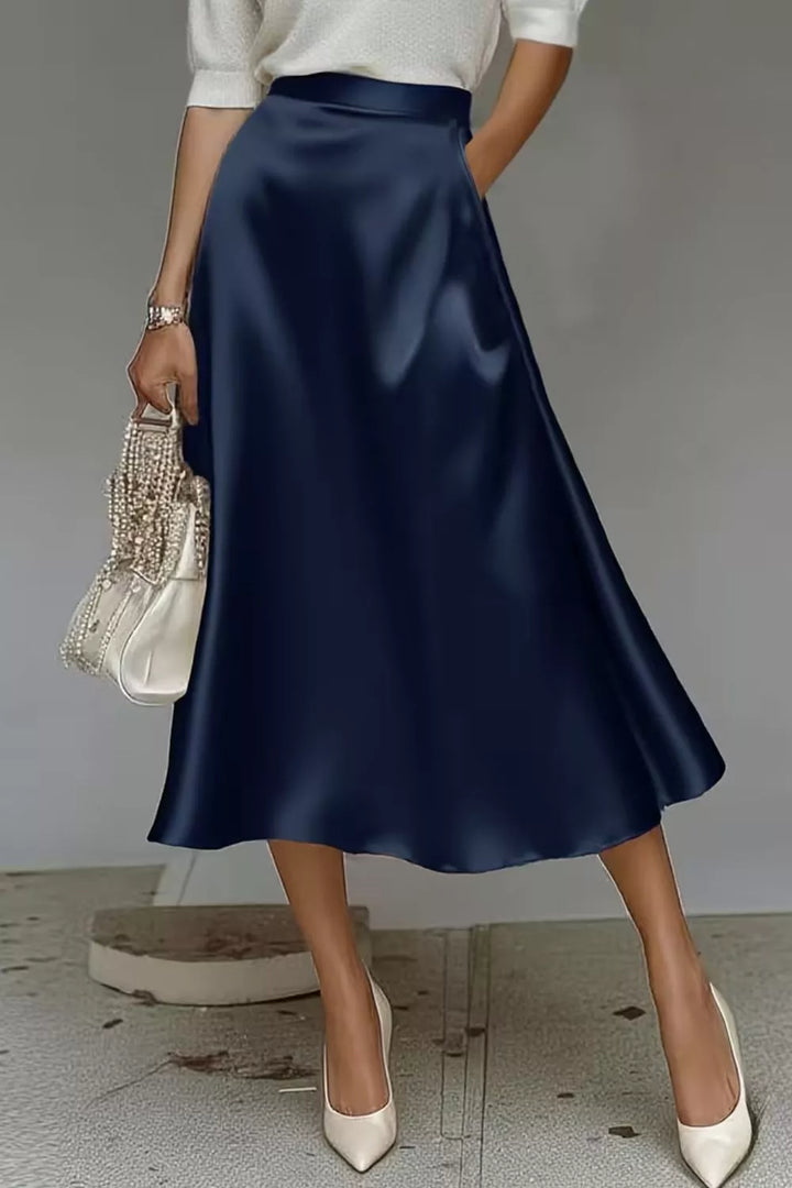 High-waist satin A-line midi skirt with pockets