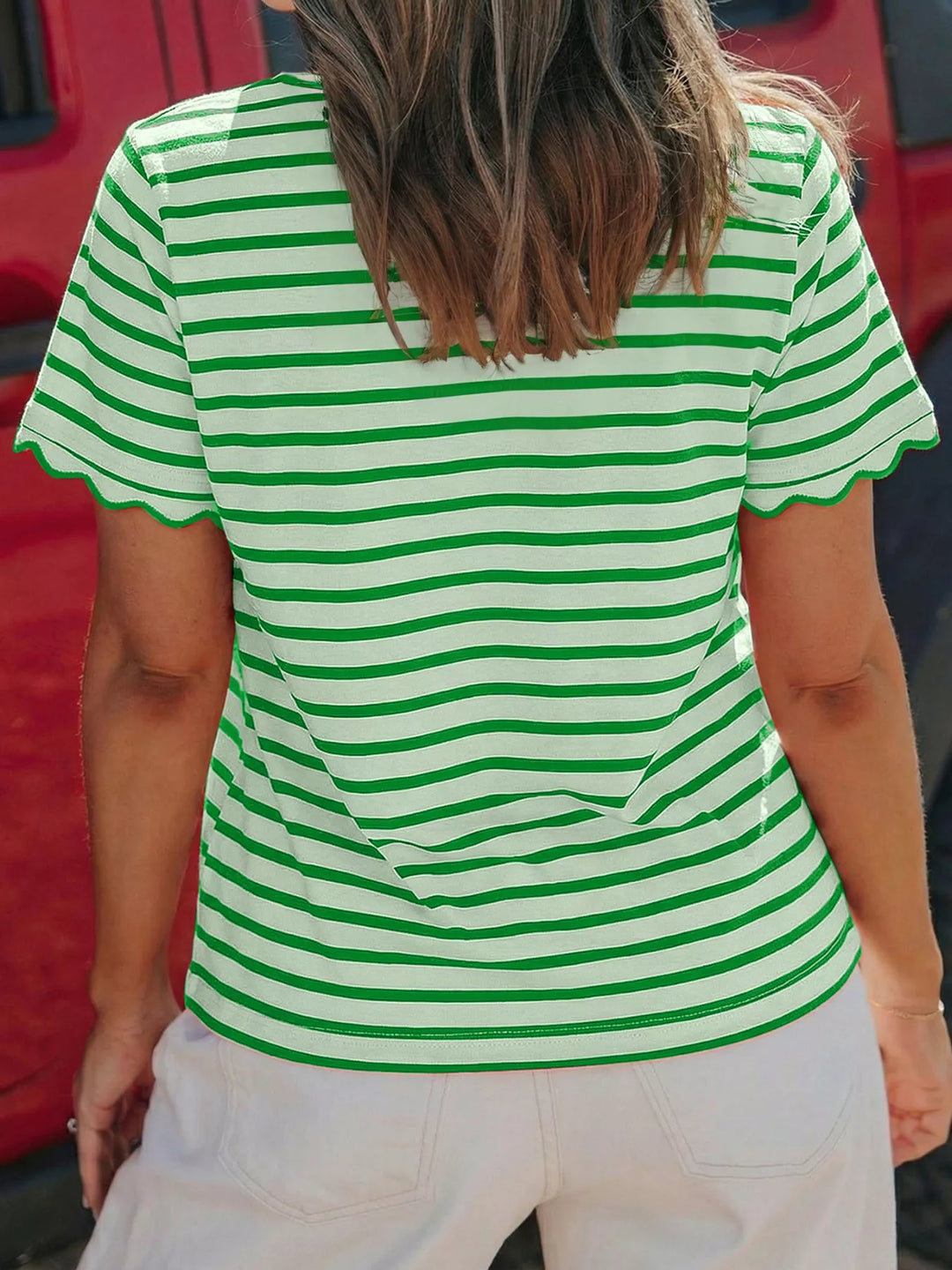Striped scallop-trim short-sleeve crew neck tee
