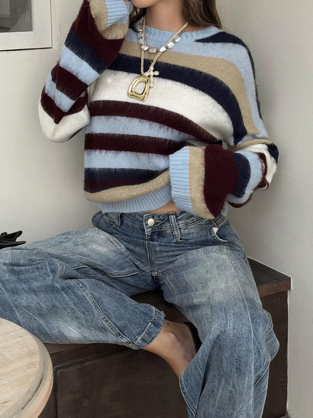 Striped fuzzy knit crew neck pullover sweater