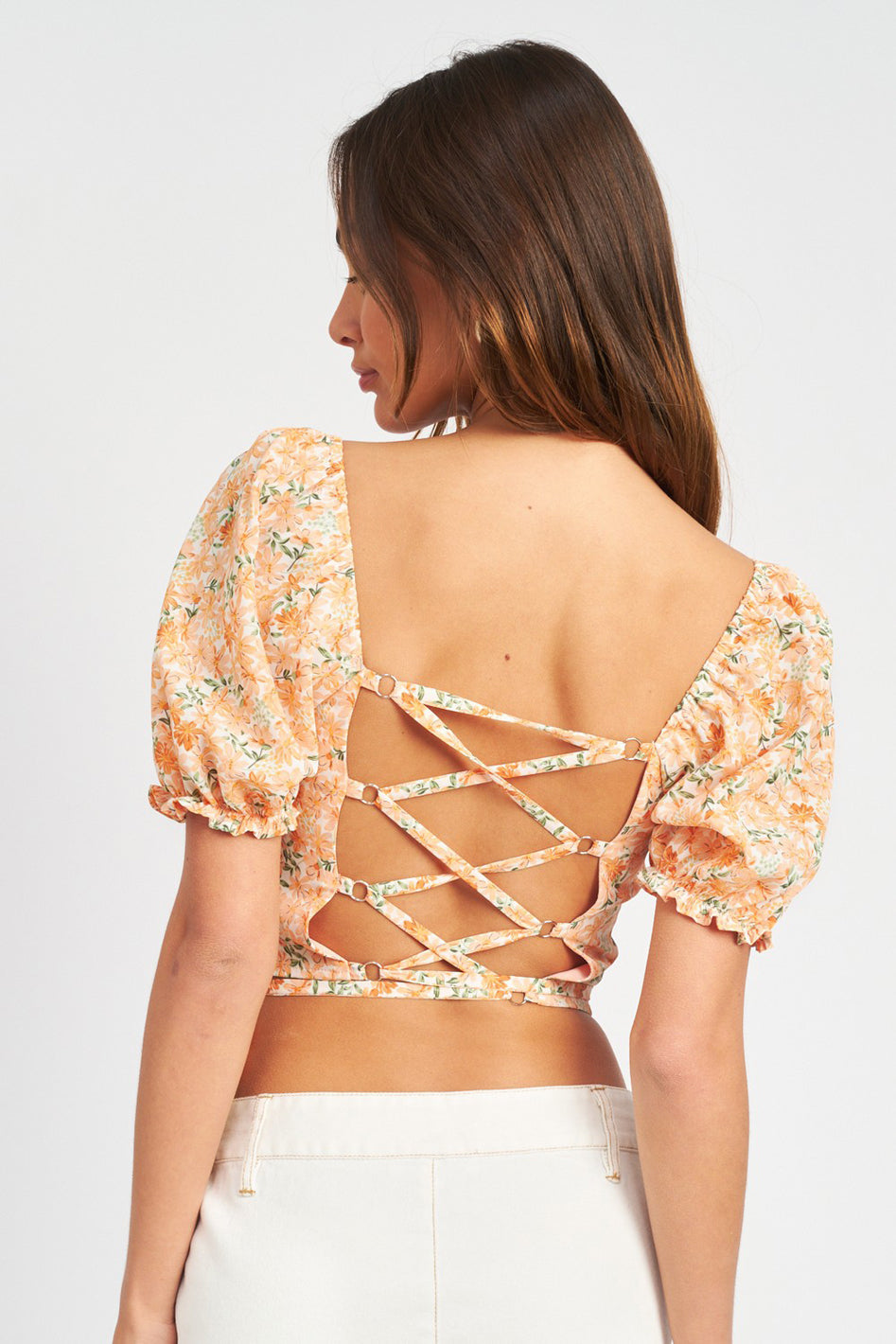FLORAL PRINT SHORT SLEEVE BACK STRAP TOP - Azoroh