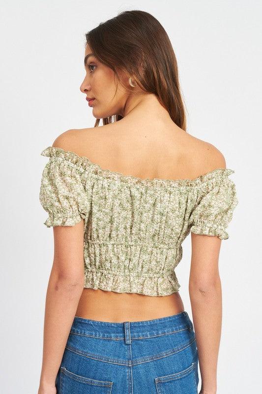 CAP SLEEVE SHIRRED FLORAL TOP - Azoroh