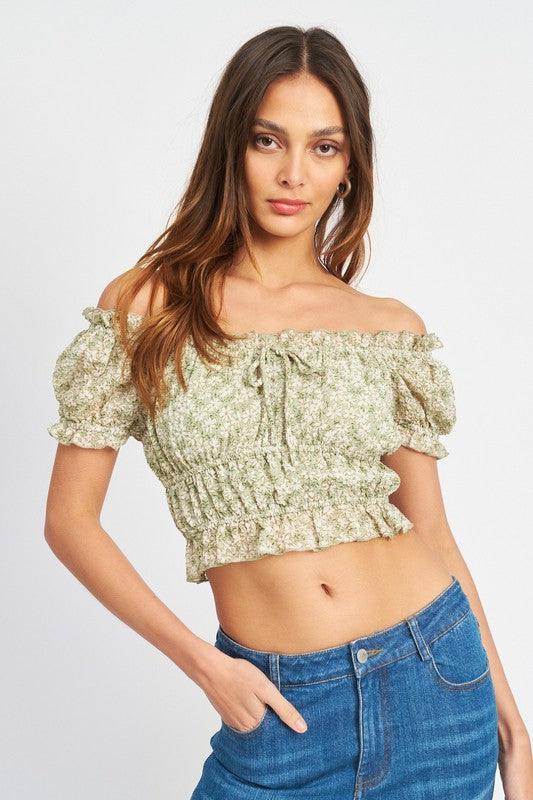 CAP SLEEVE SHIRRED FLORAL TOP - Azoroh