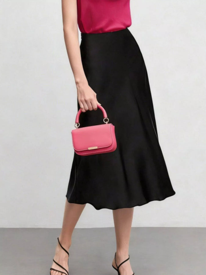 High-waist satin-finish midi skirt with side slit