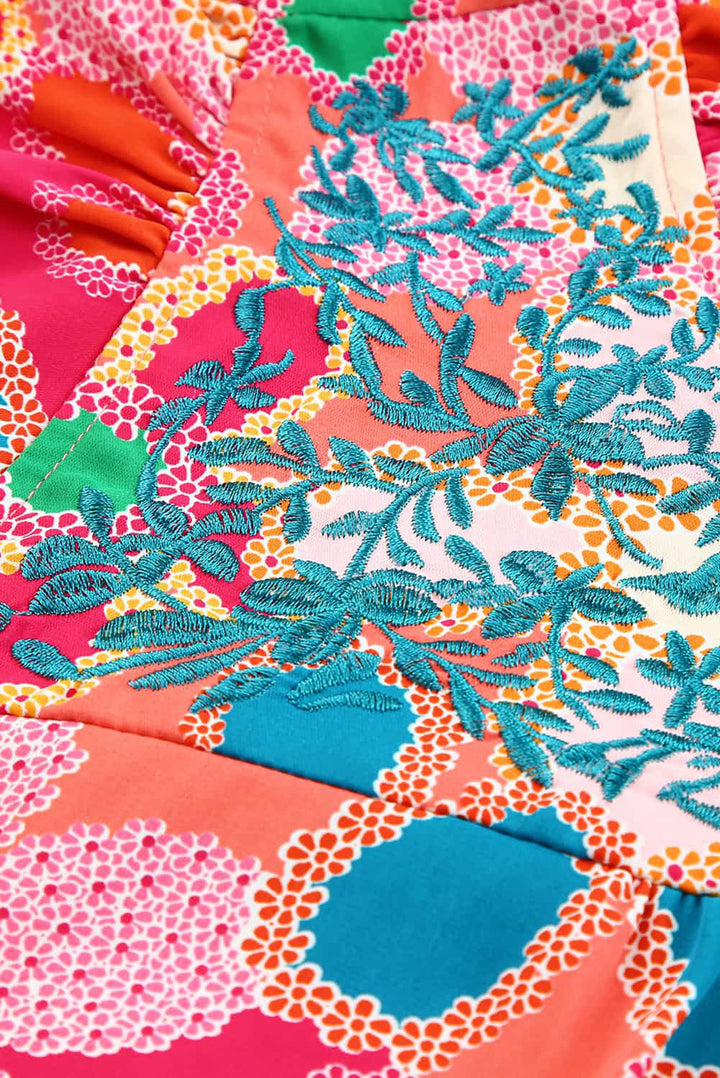 Embroidered Detail Floral Print RuffleTank Top