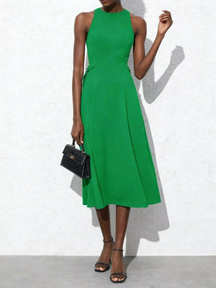 Green Sleeveless tie-waist midi dress with A-line skirt