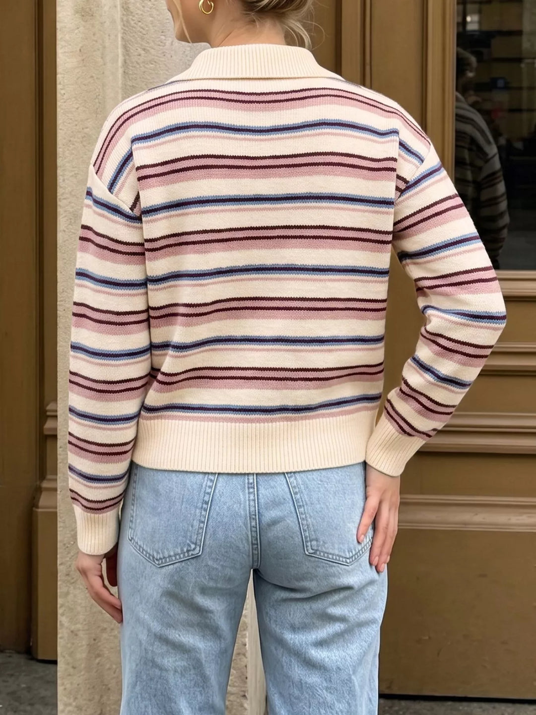 Striped knit polo collar sweater with ribbed trim