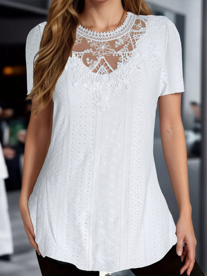 Eyelet short sleeve tunic top with floral lace yoke