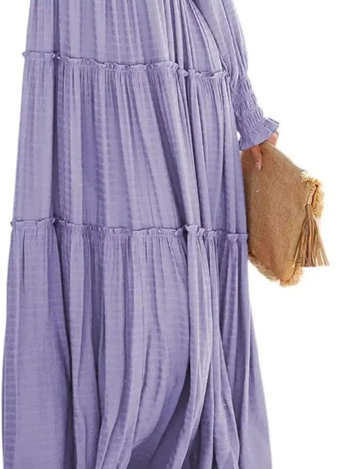 Smocked v-neck tiered maxi dress with long sleeves