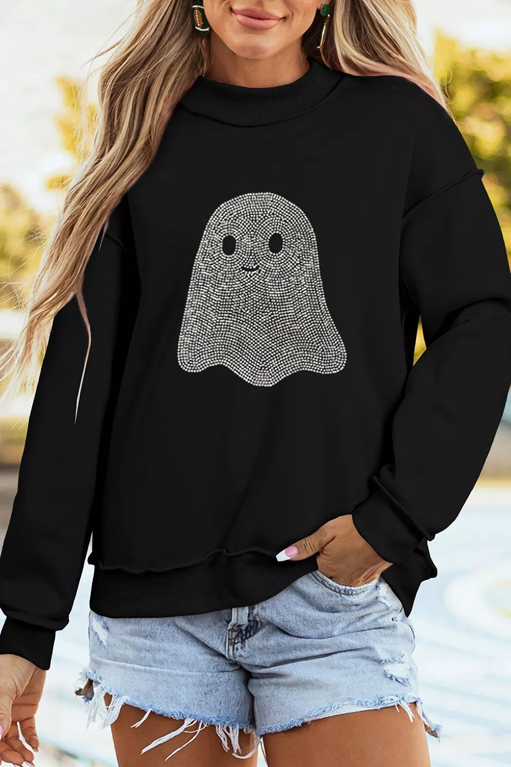 Rhinestone ghost mock neck exposed seam sweatshirt