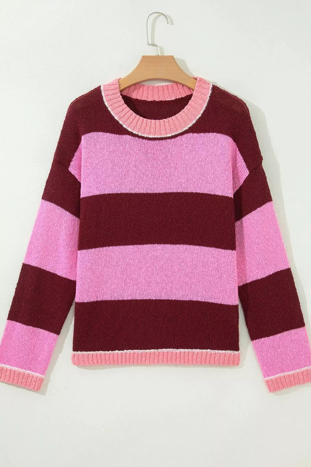 Wide stripe drop shoulder crew neck knit pullover sweater