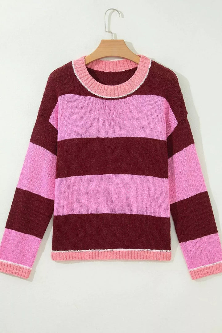 Wide stripe drop shoulder crew neck knit pullover sweater
