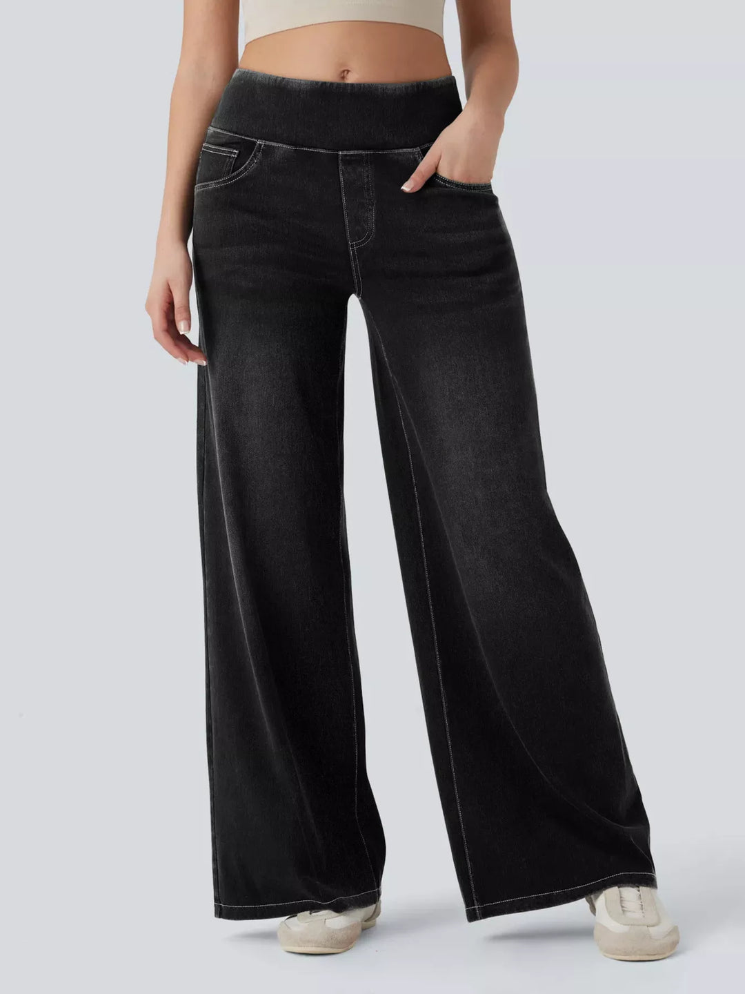 High-rise pull-on wide leg jeans with side pockets