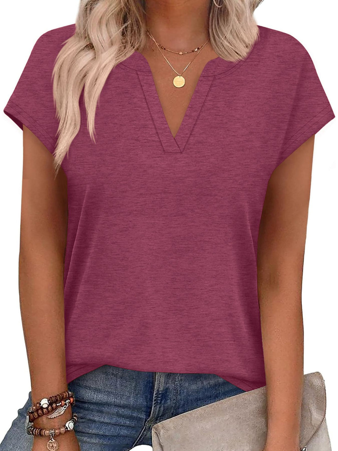 Notched V-neck short sleeve relaxed knit top