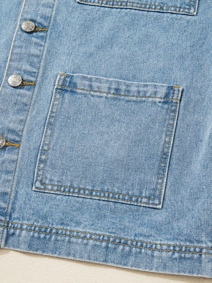 Oversized denim jacket with patch pockets and side ties