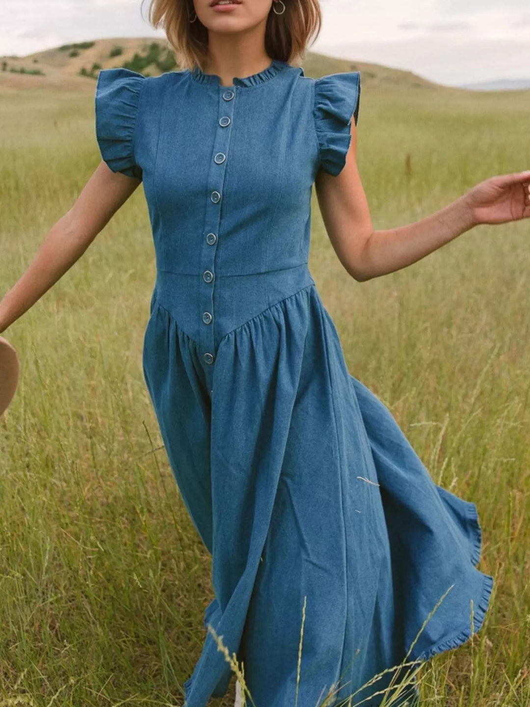 Ruffled cap sleeve button-front tiered denim midi dress