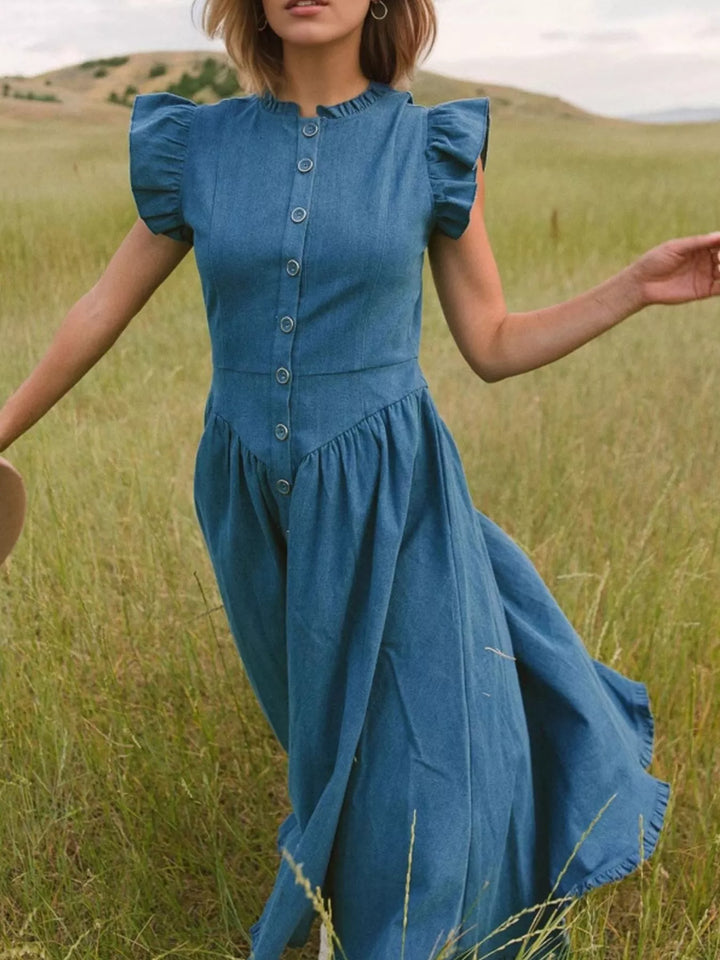 Ruffled cap sleeve button-front tiered denim midi dress