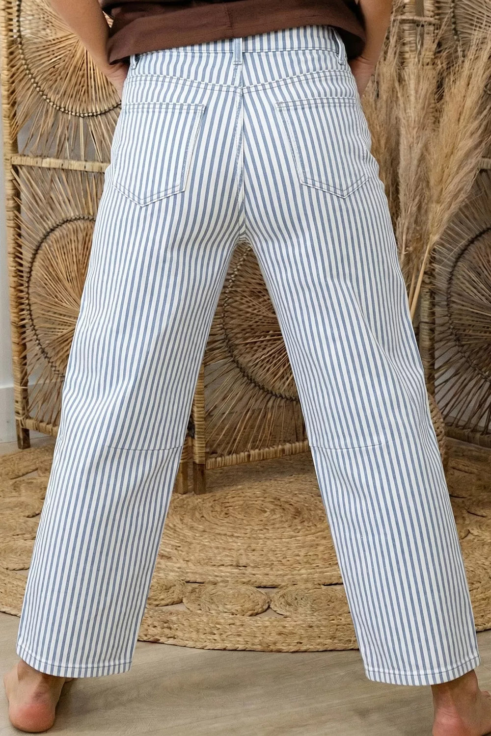 Striped high-rise barrel leg cropped jeans