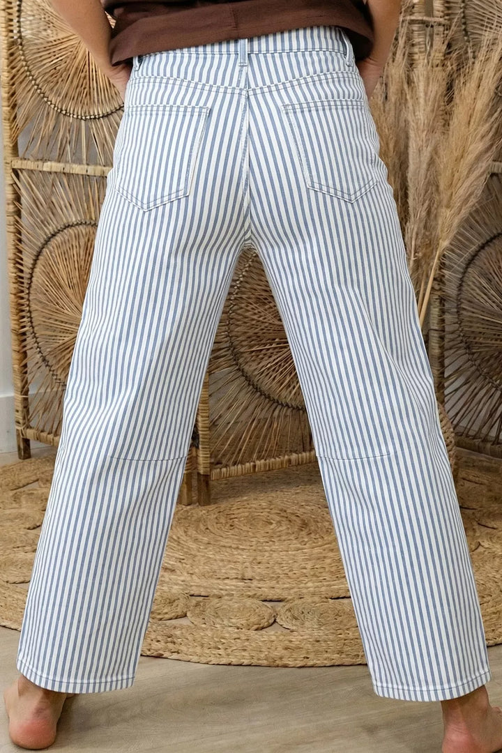 Striped high-rise barrel leg cropped jeans