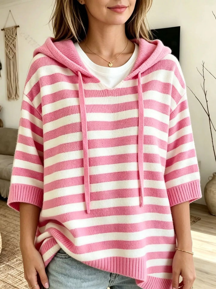 Pink Striped drawstring hooded sweater with elbow-length sleeves