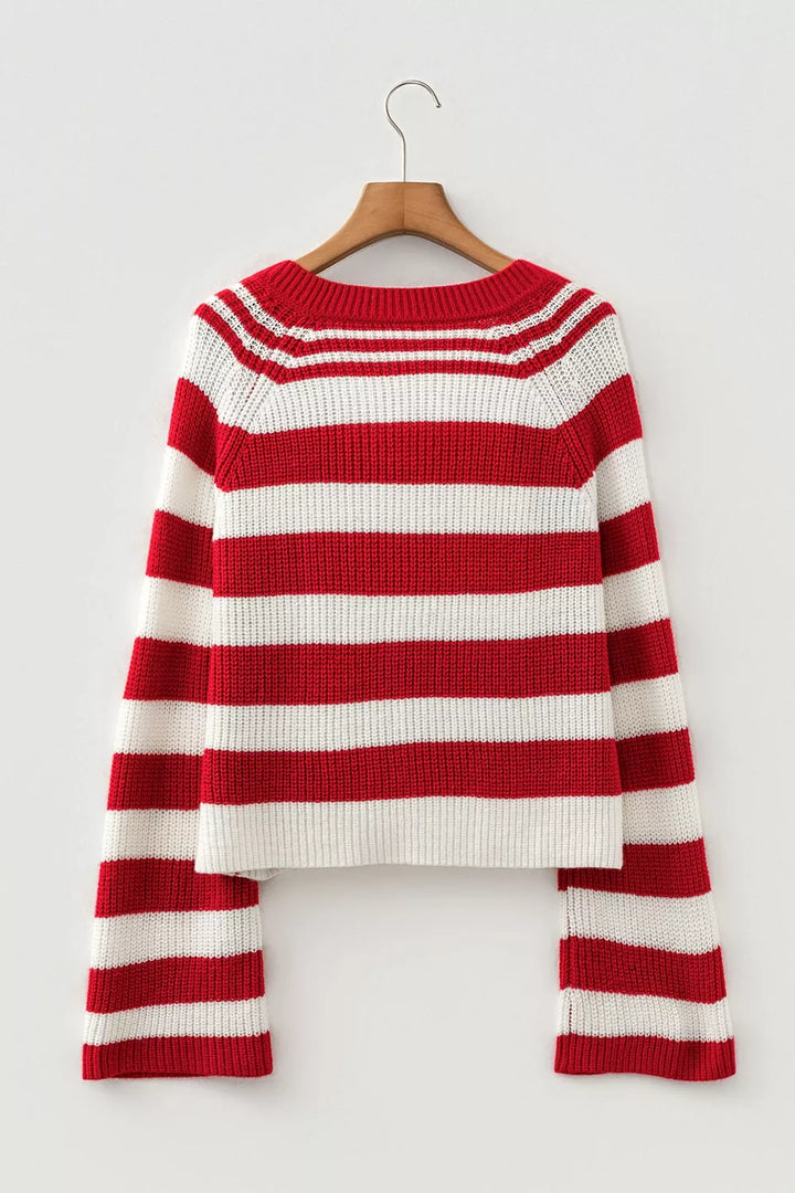 Striped rib knit henley sweater with snap button placket