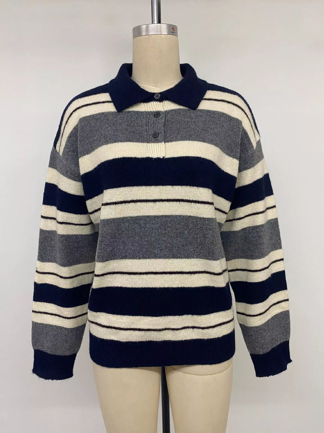 Striped polo collar sweater with button placket