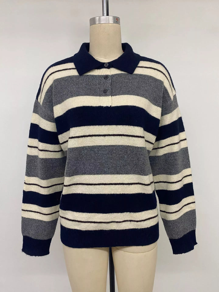Striped polo collar sweater with button placket