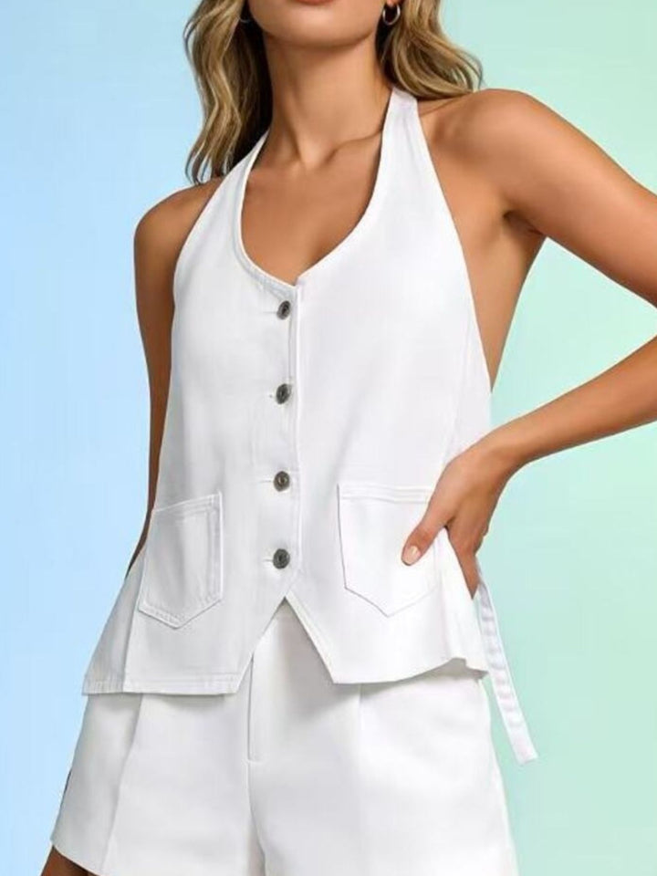 White Halter neck button-down denim vest with patch pockets
