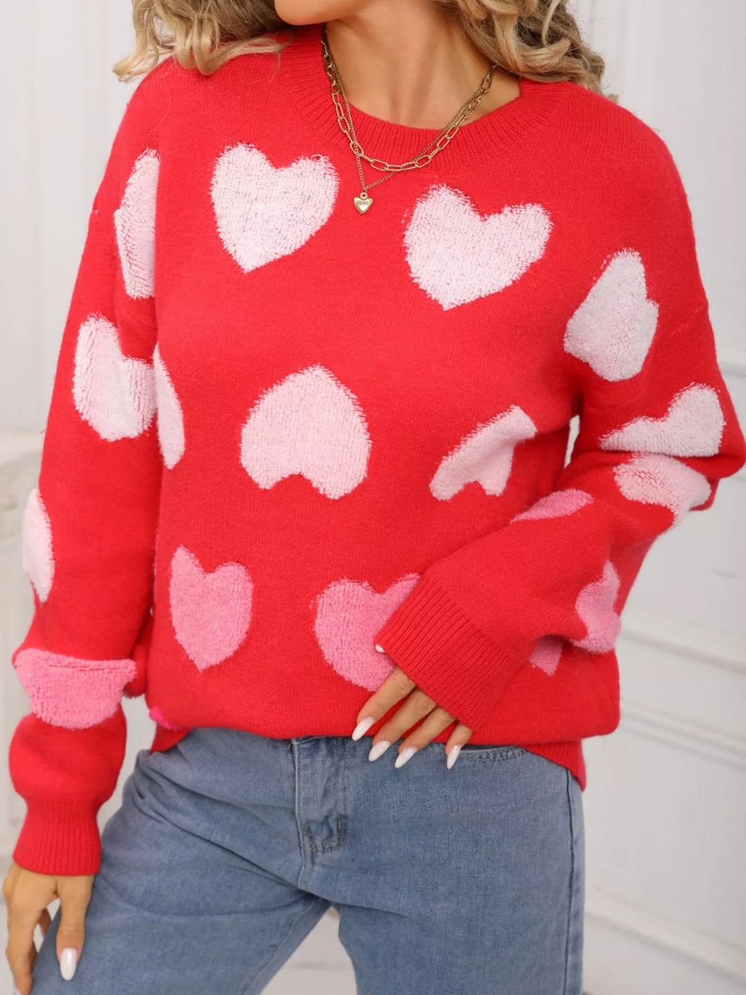 Fuzzy heart color-block crew neck knit sweater