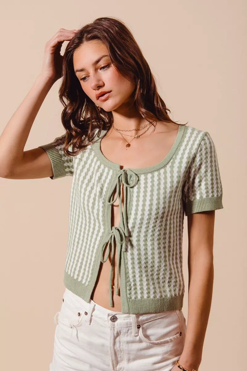 Tie-front striped short sleeve knit cardigan